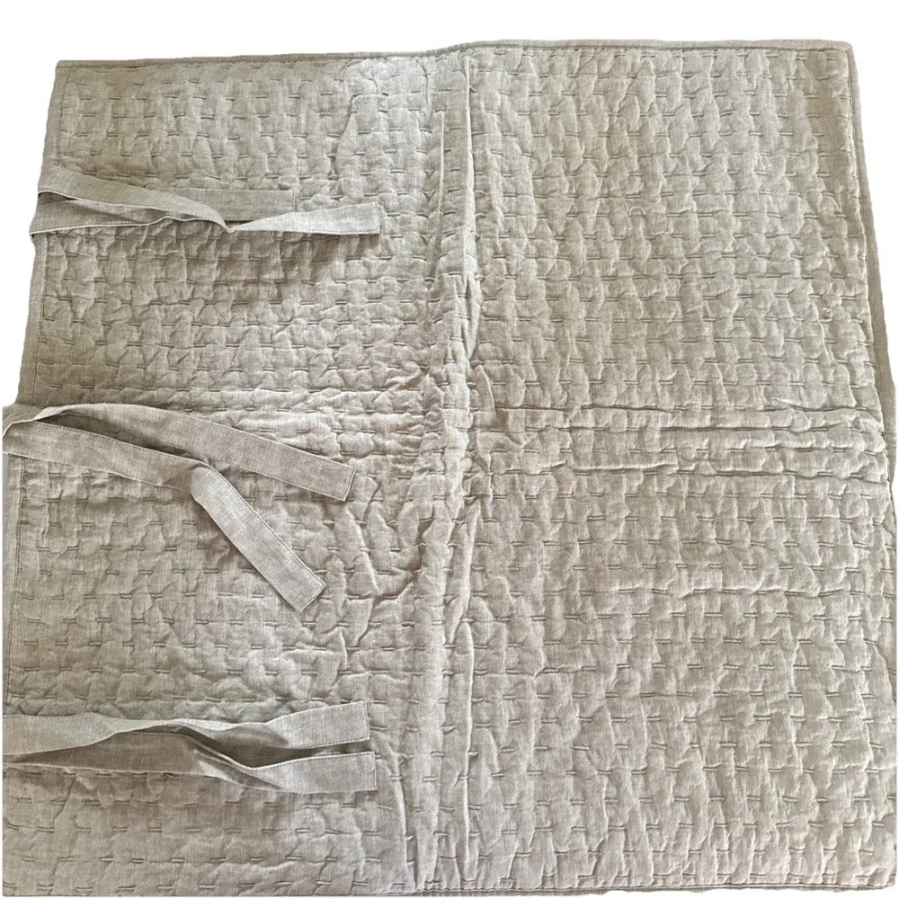 Pottery Barn Euro Pick Stitch Quilted Seagrass Pillow Sham Linen Cotton Tie 36
